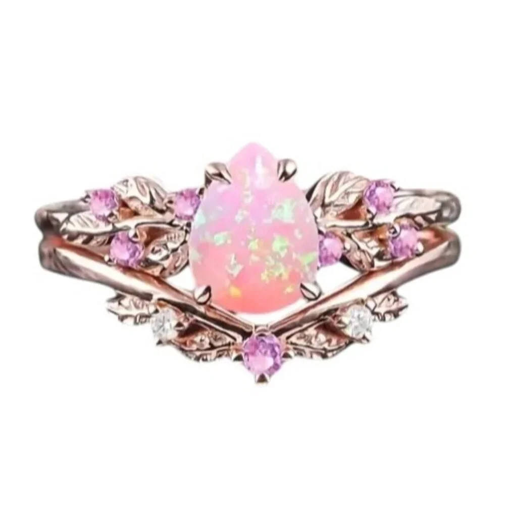 2 Pieces Pear Cut Ethiopian Pink Fire Opal Engagement Ring Set 14K Gold plated